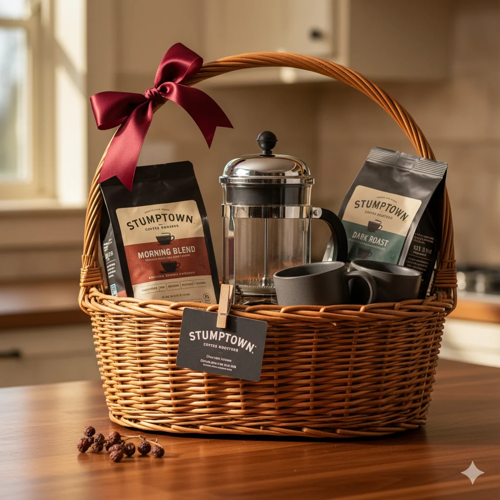 Coffee Lover Starter Kit — Bodum French press, Stumptown Morning Blend, Dark Roast, café gift card, two ceramic mugs