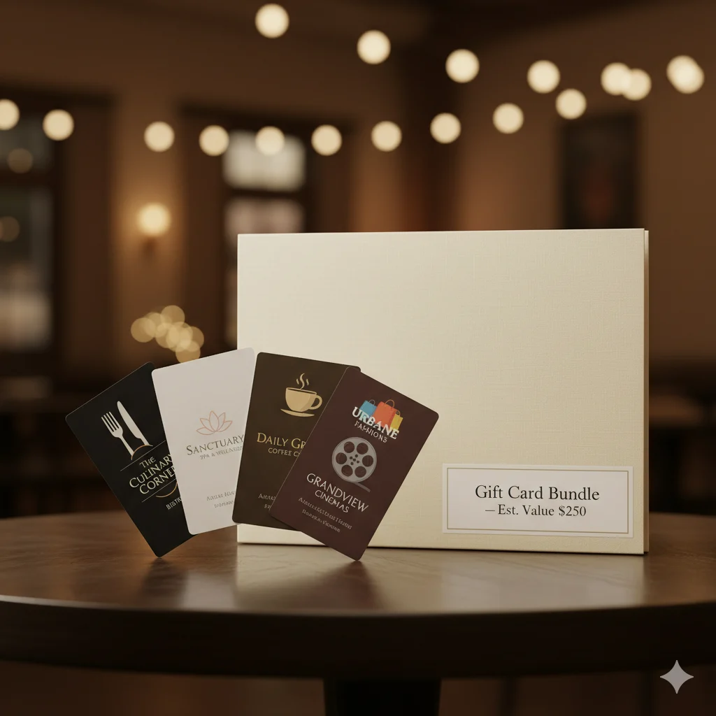 Curated gift card bundle raffle prize — restaurant, spa, coffee, movie, retail