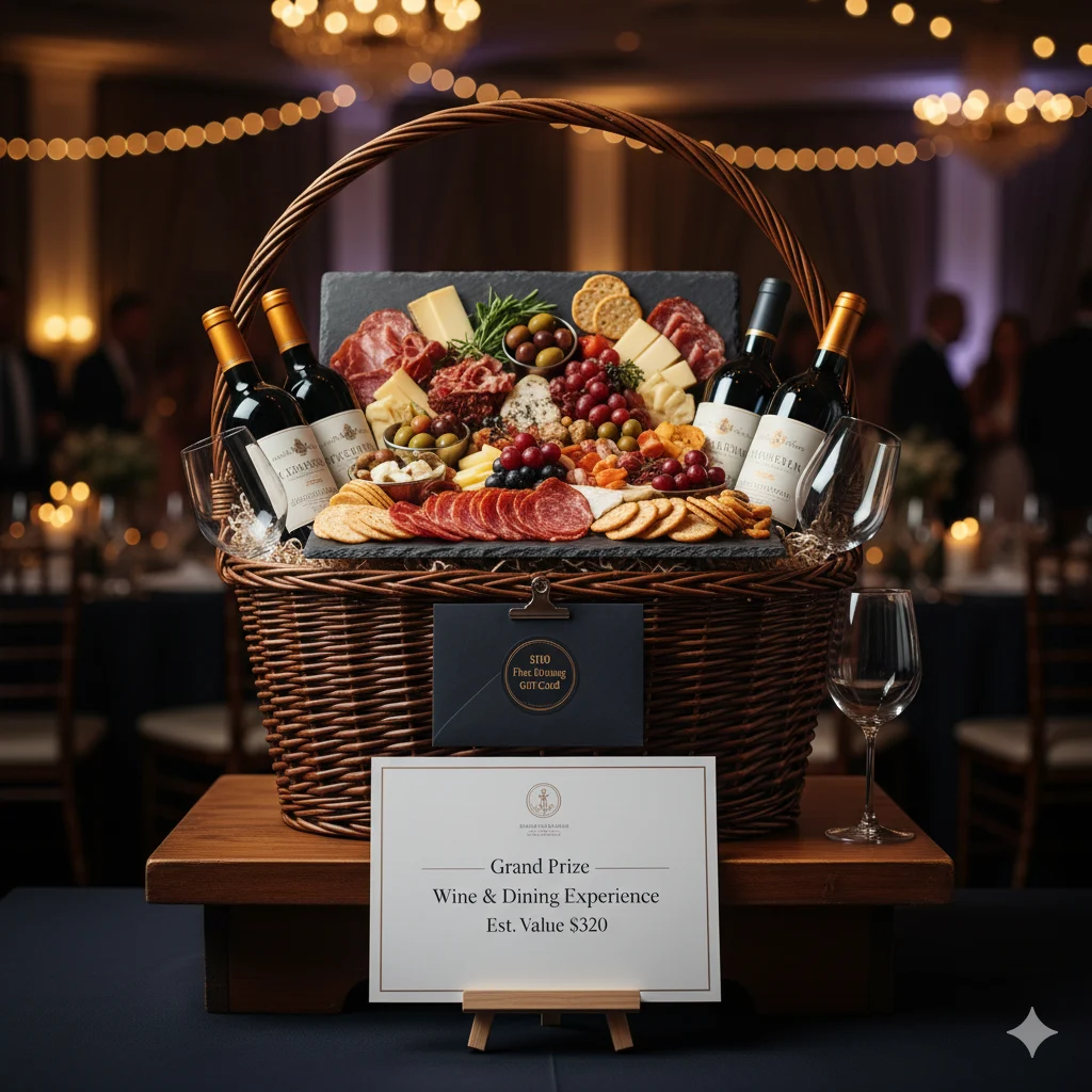 Premium anchor raffle prize — wine and dining experience basket, est. $320 value