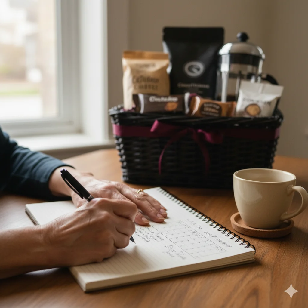Experienced basket raffle organizer planning event with themed baskets visible in background
