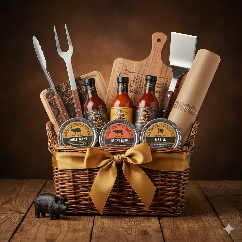 BBQ Master raffle basket — premium sauces, dry rubs, grilling tools, artisan seasoning