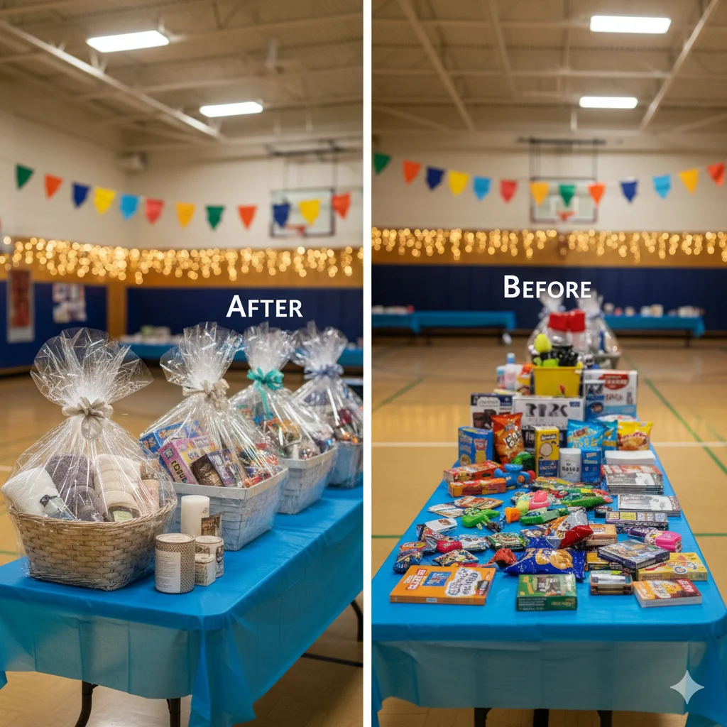 Before and after school PTA raffle table — random items vs themed baskets