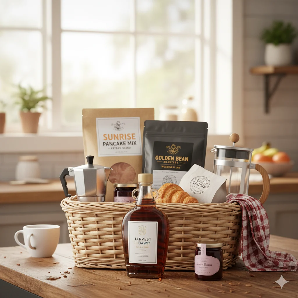 Weekend Brunch raffle basket — maple syrup, pancake mix, premium coffee, pastries, artisan jam