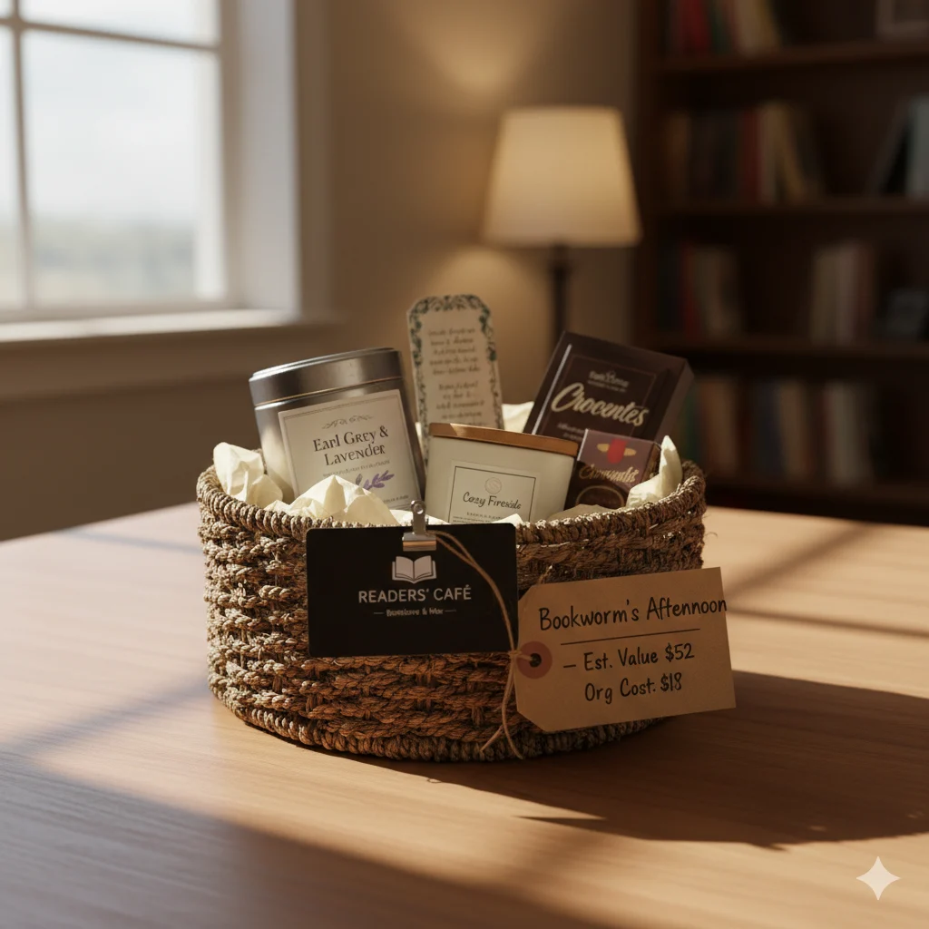 Bookworm's afternoon budget raffle basket under $50 with bookstore gift card and tea