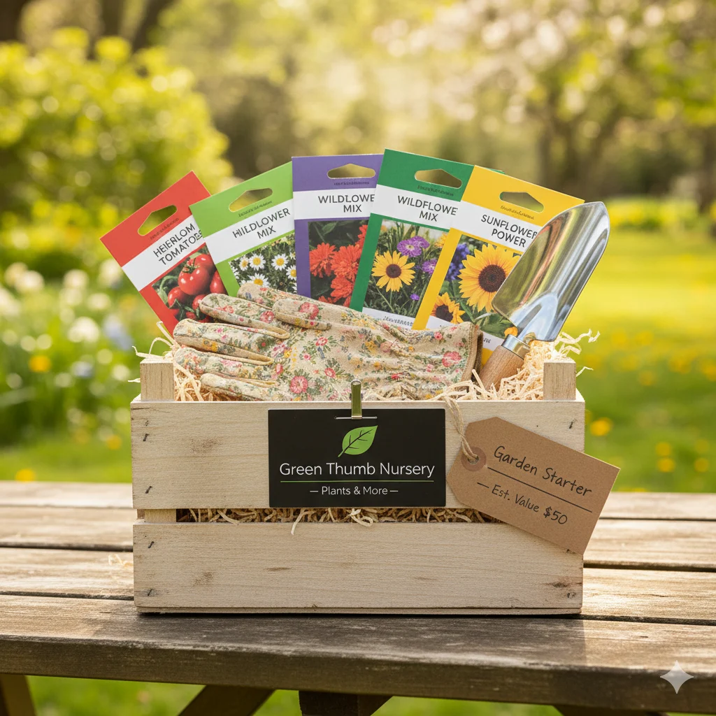 Garden starter budget raffle basket under $50 with nursery gift card and seed packets