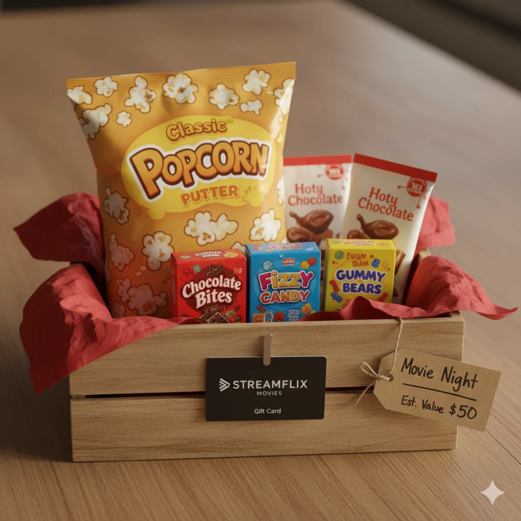 Movie night budget raffle basket under $50 with cinema gift card and popcorn