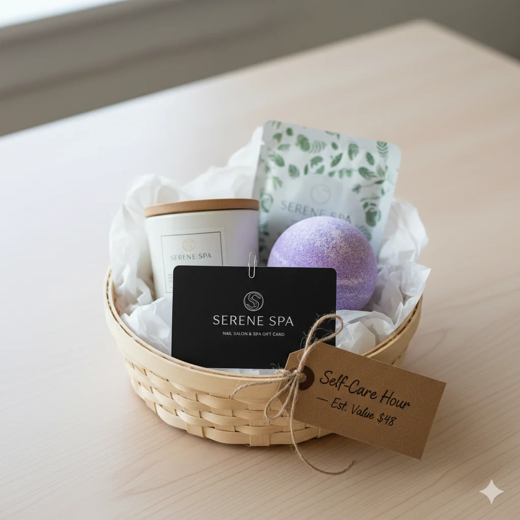 Self-care hour budget raffle basket under $50 with nail salon gift card and candle