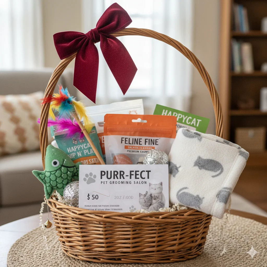 Cat Lover raffle basket — pet store gift card, cat toys, cozy blanket, premium treats