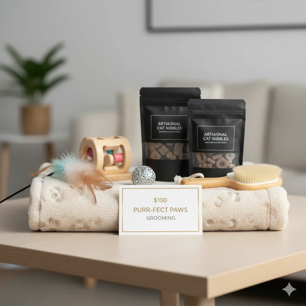 Cat Lover raffle basket — grooming gift card, feather toys, cozy blanket, premium treats