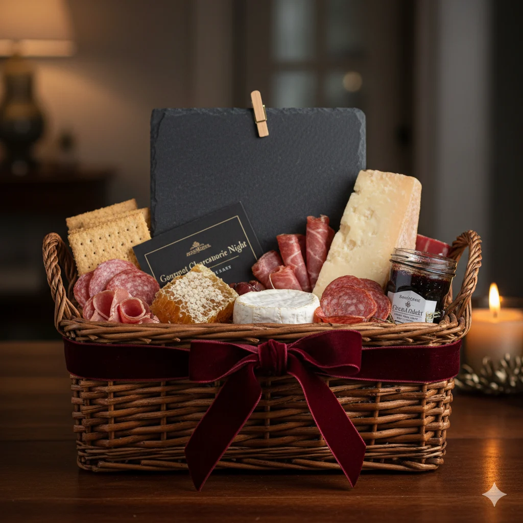 Gourmet Charcuterie Night raffle basket — artisan meats, cheese, slate board, fig jam, gift card