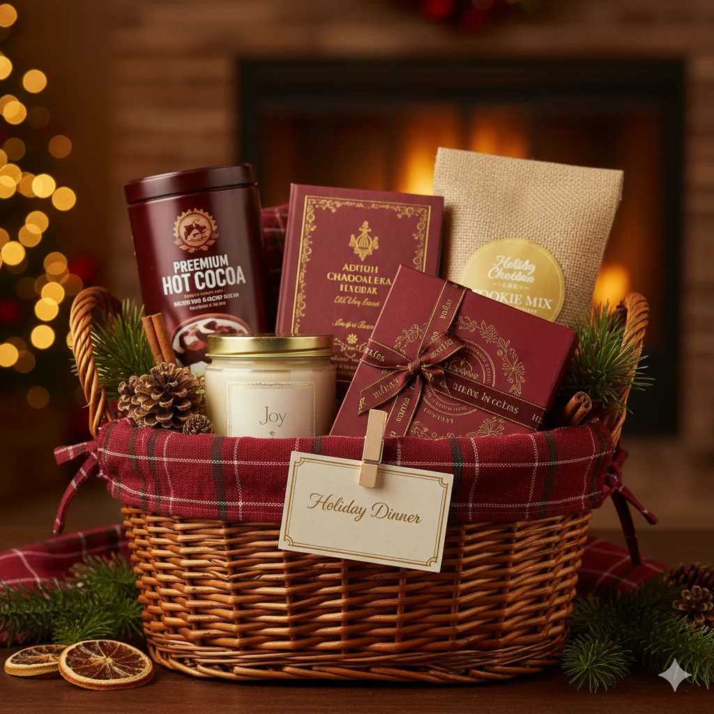 Advent and Christmas church raffle basket — hot cocoa, holiday candle, chocolates, devotional