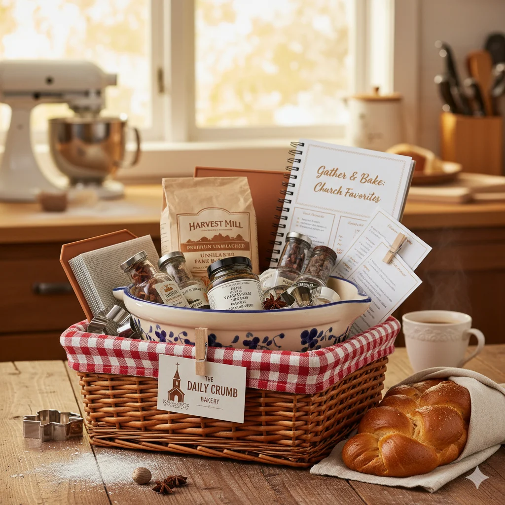 Baking and Fellowship church raffle basket — bakery gift card, premium ingredients, mixing bowl