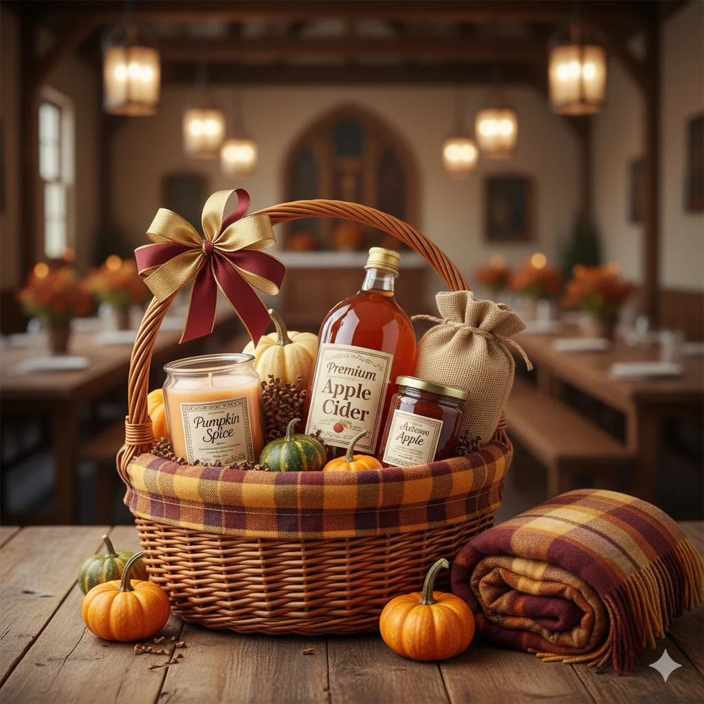 Fall Harvest church raffle basket — cider, candle, artisan jam, cozy blanket