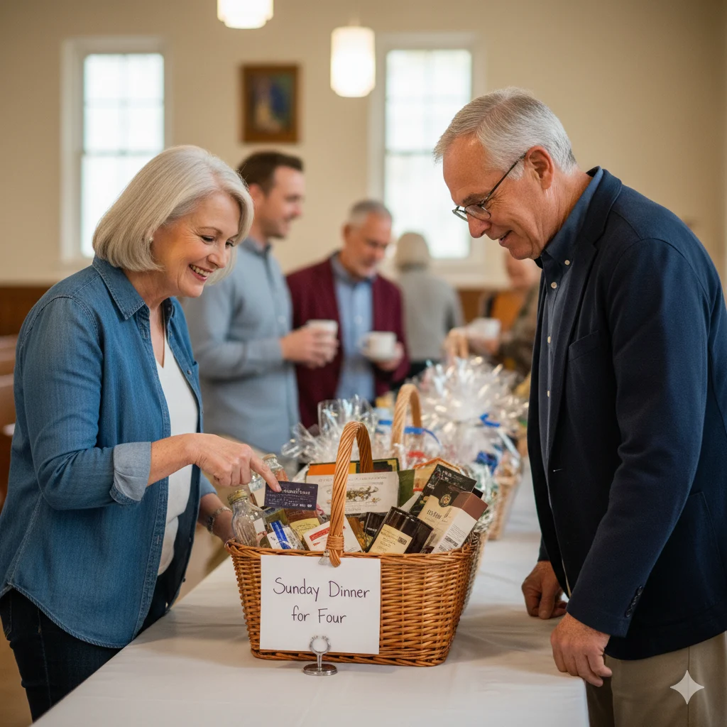 Church congregation stopping to look at Sunday Dinner basket at post-service raffle