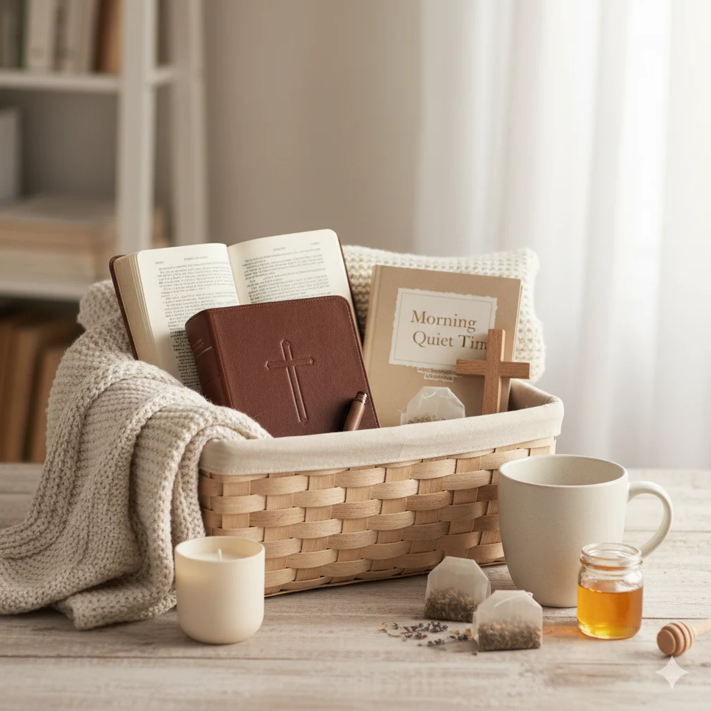 Morning Quiet Time faith-aligned basket for church raffle