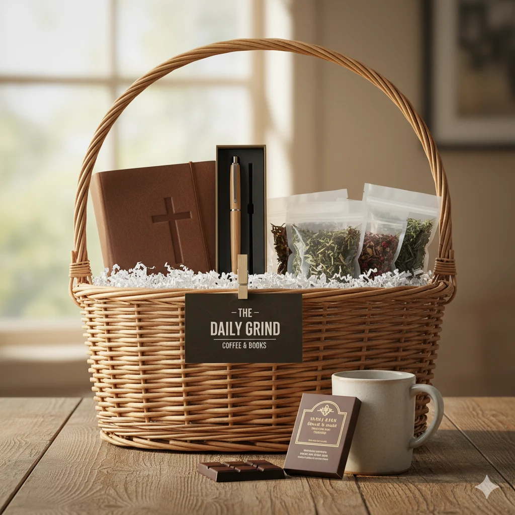 Morning Quiet Time faith basket — devotional journal, tea, coffee gift card, chocolates