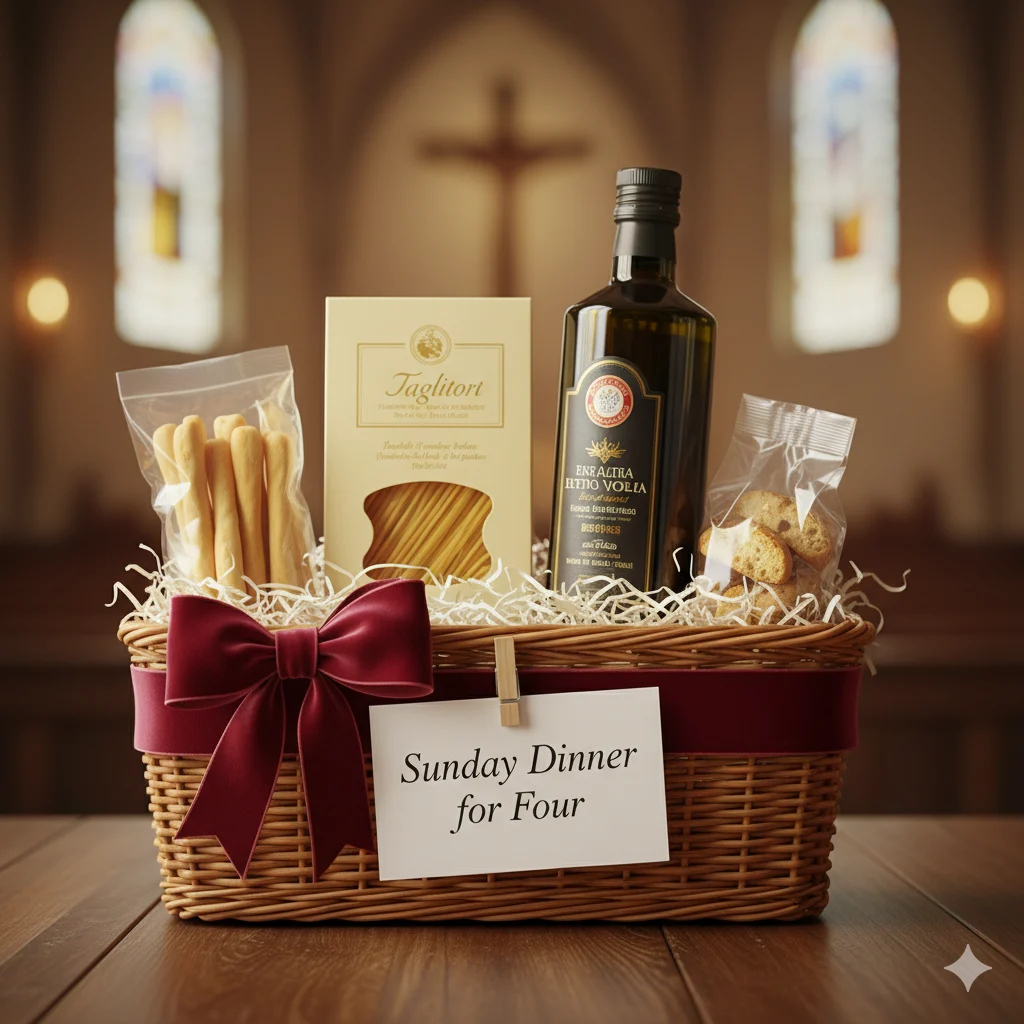 Sunday Dinner for Four church raffle basket — restaurant gift card, artisan pasta, olive oil