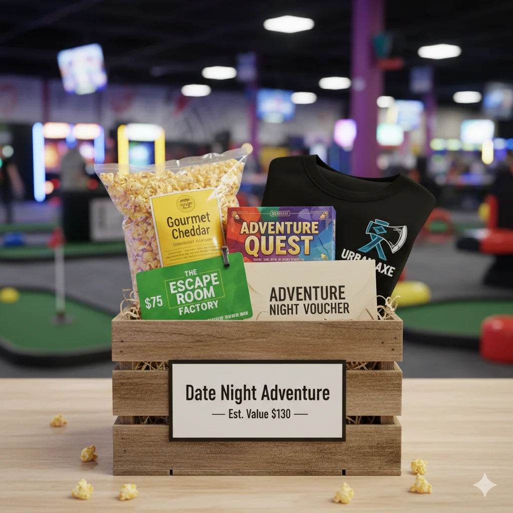 Date Night Adventure raffle basket with escape room gift card, gourmet snacks and card game