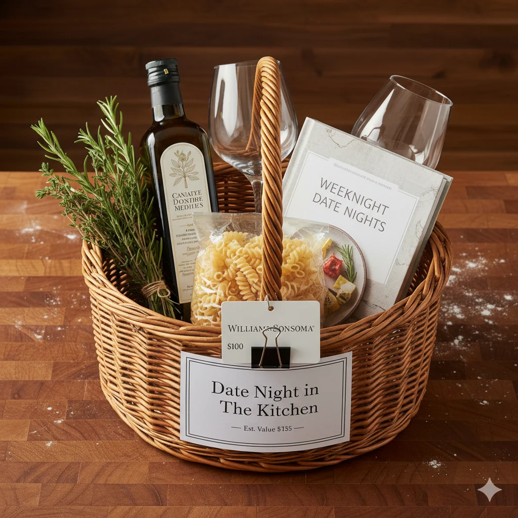 Date Night in the Kitchen raffle basket with kitchen store gift card, pasta, olive oil and cookbook