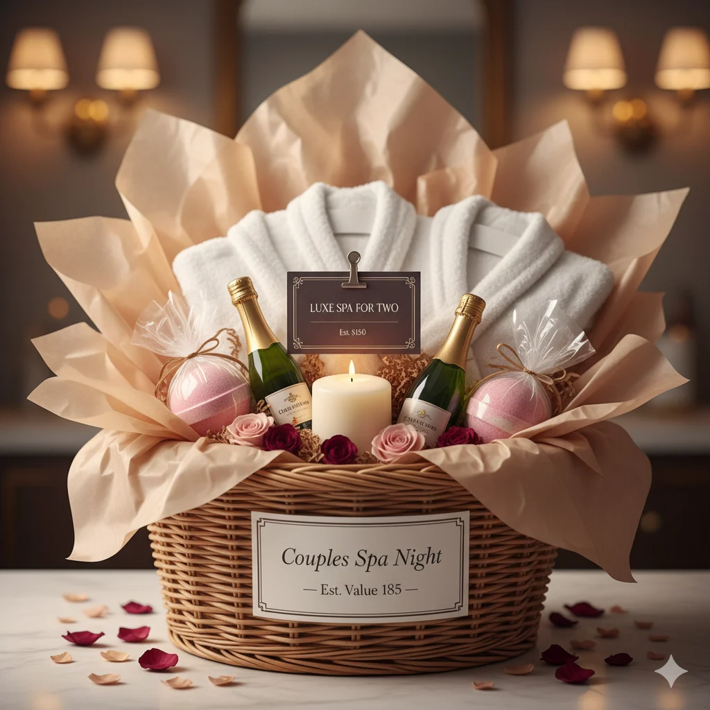 Couples Spa Night date night raffle basket with spa gift card, robes, bath bombs and champagne
