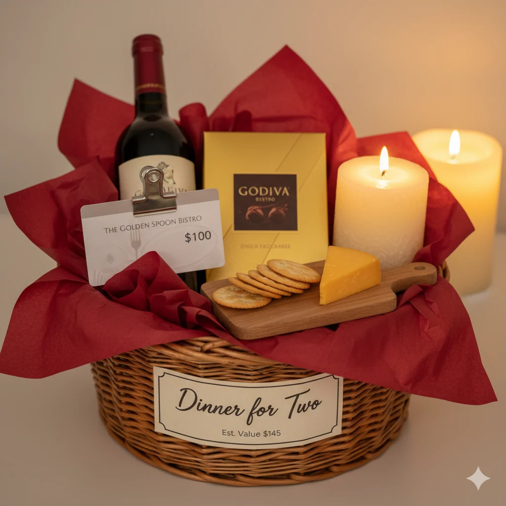 Dinner for Two date night raffle basket with restaurant gift card, wine, chocolates and candle