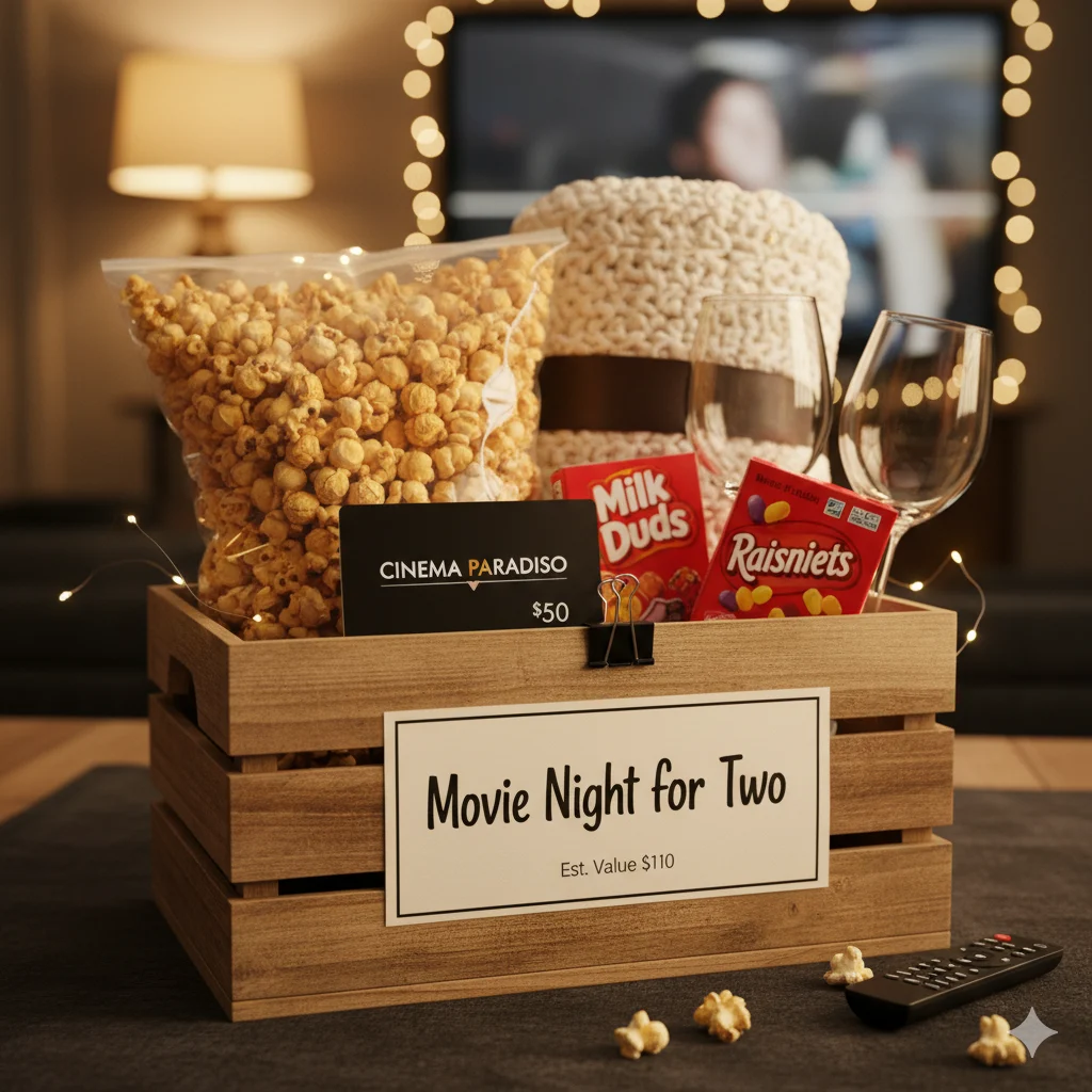 Movie Night for Two date night raffle basket with cinema gift card, popcorn, candy and blanket