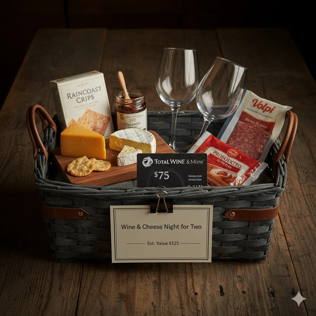 Wine and Cheese Night for Two date night raffle basket with winery gift card, cheese board and crackers