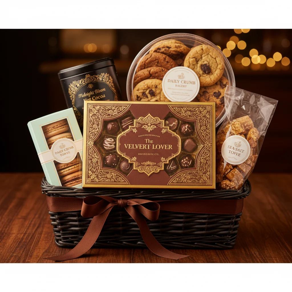 Dessert Lover raffle basket — artisan chocolates, macarons, local bakery pastries, caramels