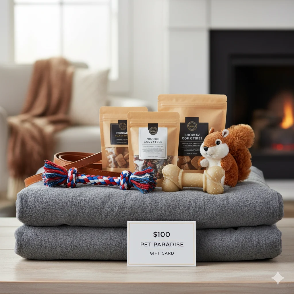 Dog Lover raffle basket — pet store gift card, premium dog bed, quality toys, treats