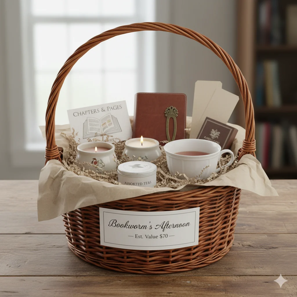Bookworm's Afternoon easy raffle basket with bookstore gift card, tea and candle
