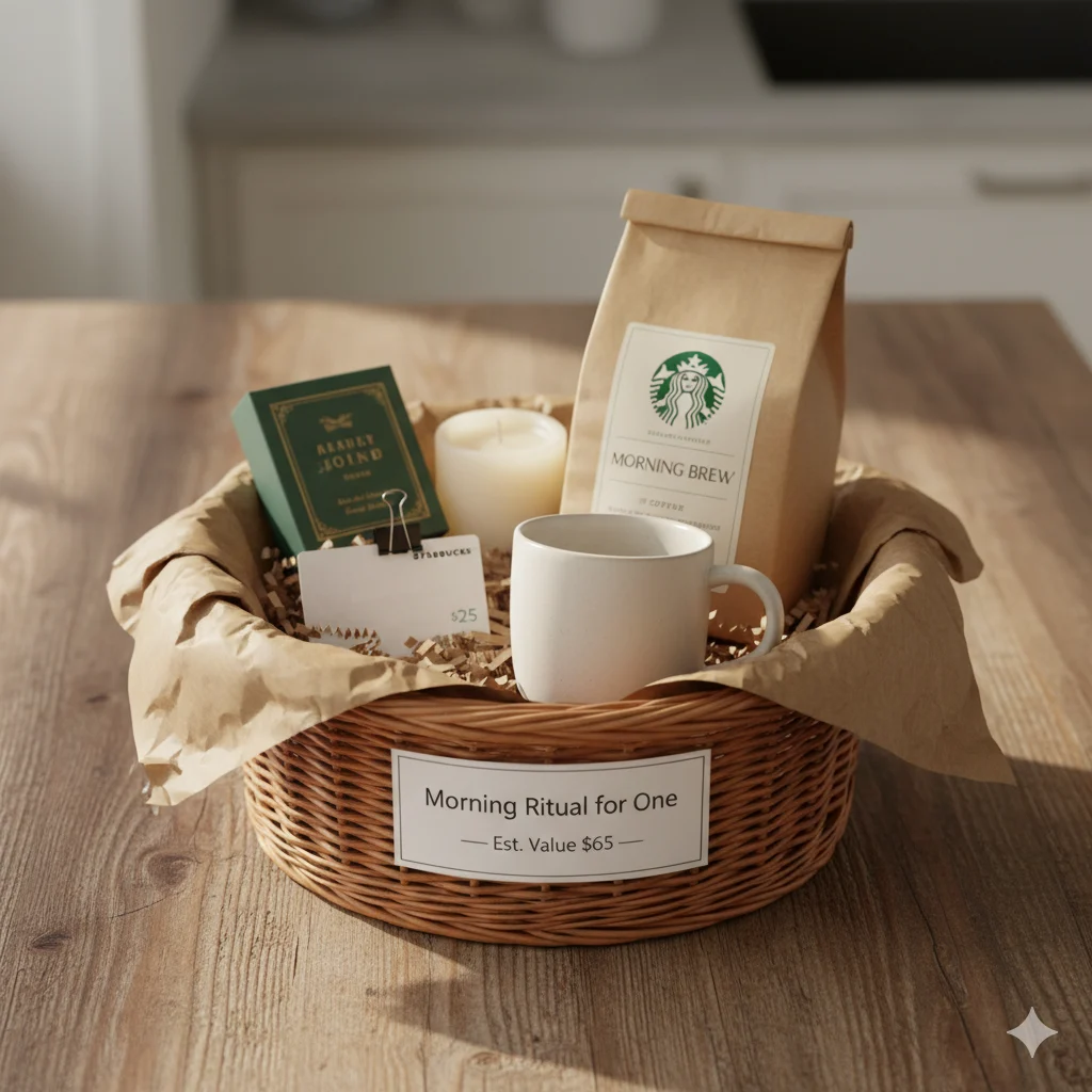 Morning Ritual for One easy coffee raffle basket with gift card, mug and chocolates