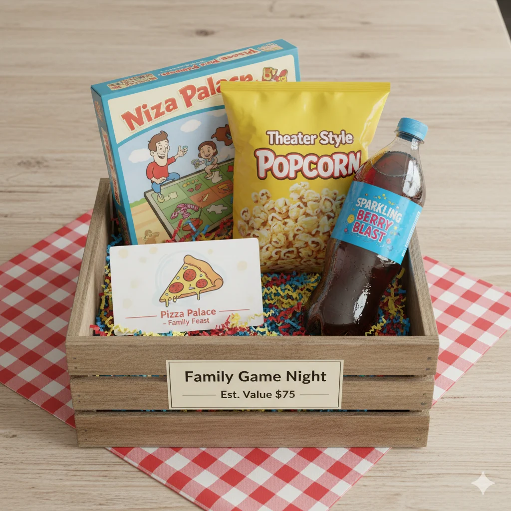 Family Game Night easy raffle basket with pizza gift card, board game and popcorn