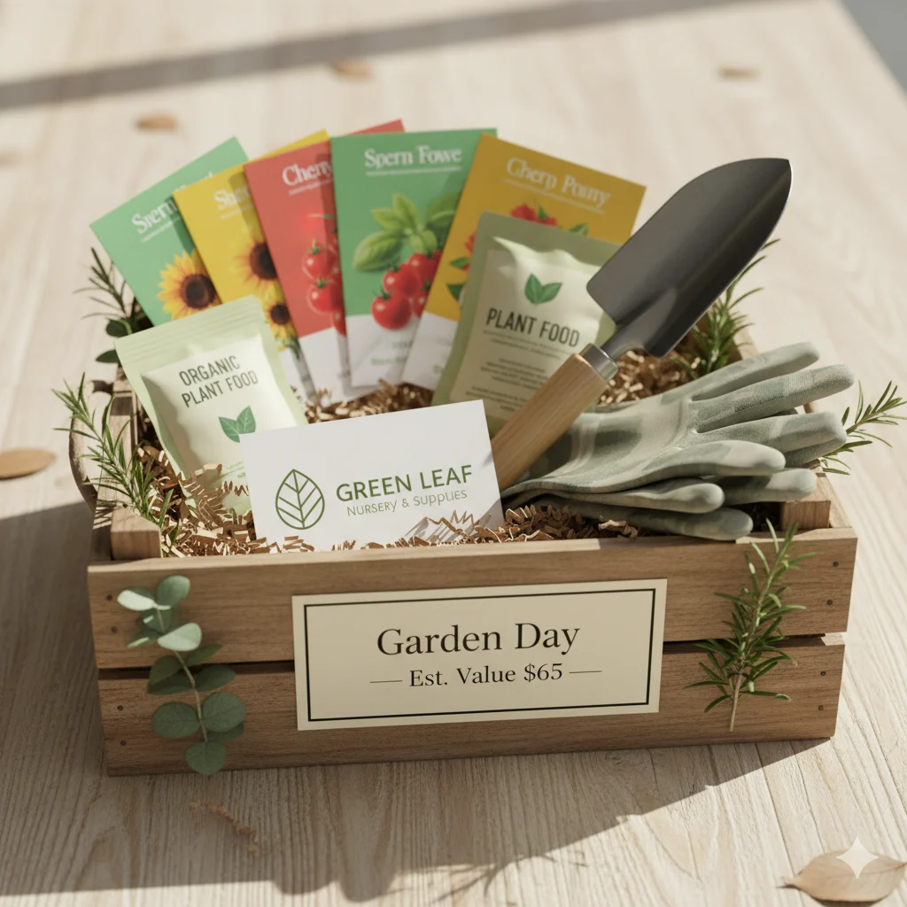 Garden Day easy raffle basket with nursery gift card, seed packets and gardening gloves