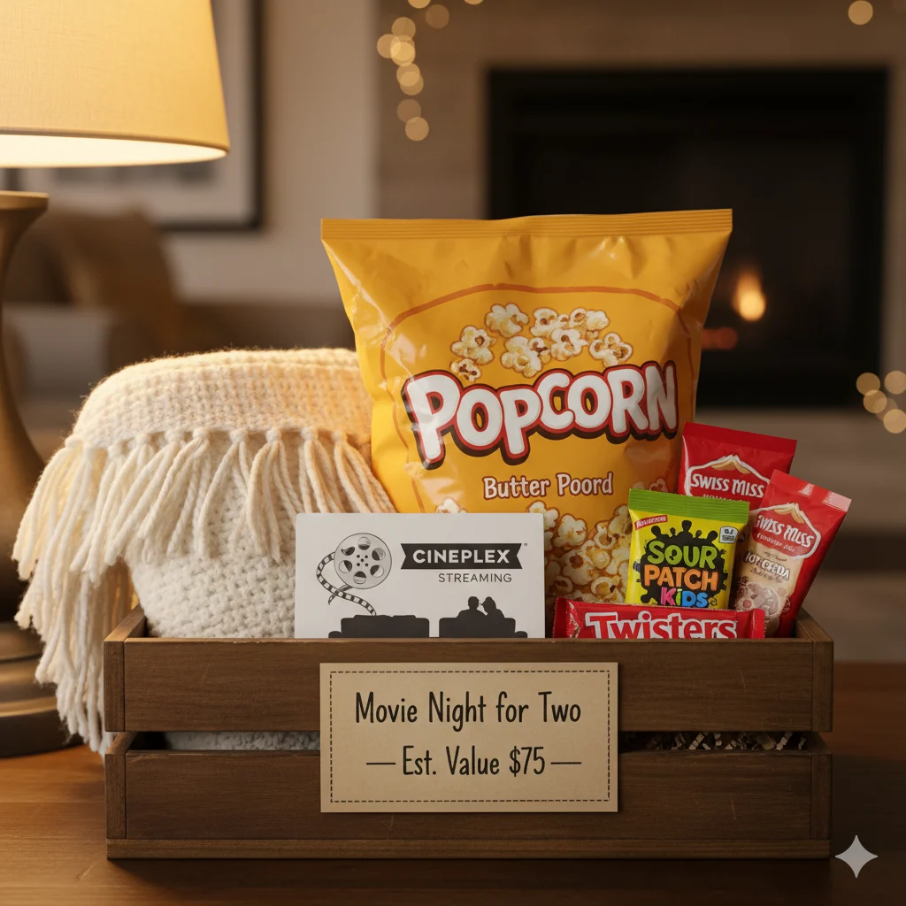 Movie Night for Two easy raffle basket with cinema gift card, popcorn and blanket