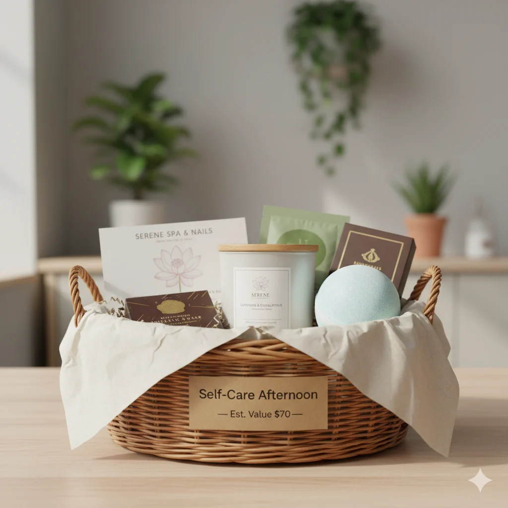 Self-Care Afternoon easy raffle basket with spa gift card, candle and bath bomb
