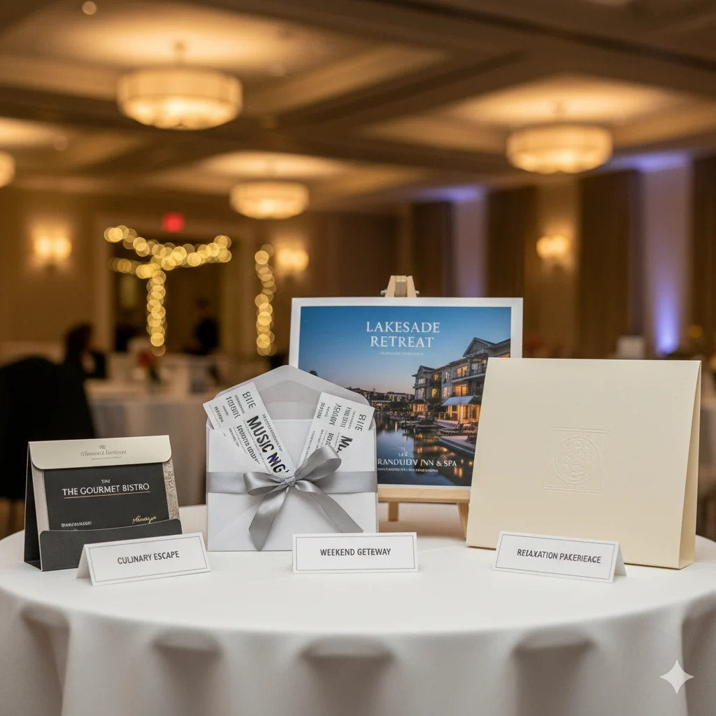 Experience raffle prizes — concert tickets, restaurant gift cards, weekend getaway package