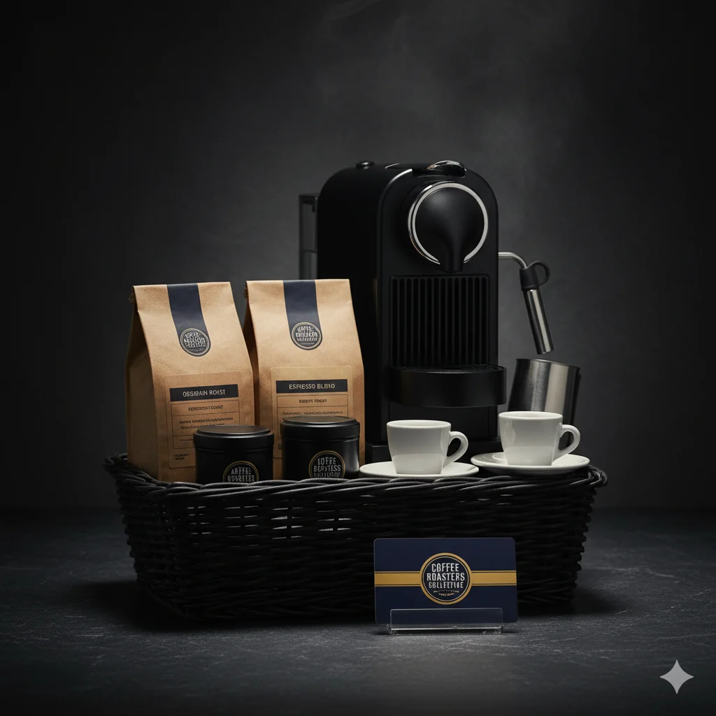 Barista Experience basket — full espresso machine, Coffee Roasters Collective Obsidian Roast and Espresso Blend, dark roast espresso tin, ceramic cups, dramatic steam lighting