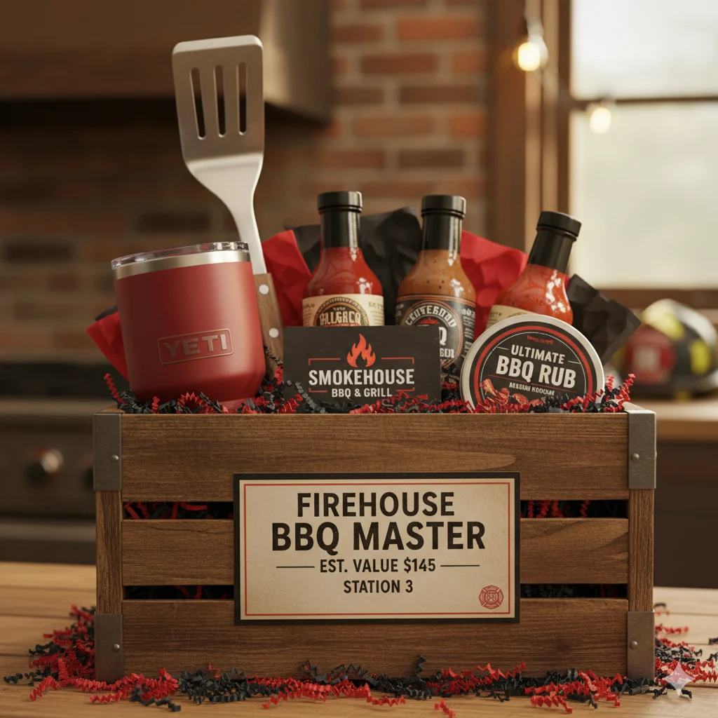 Firehouse BBQ Master fire department raffle basket with BBQ gift card, sauces and Yeti tumbler