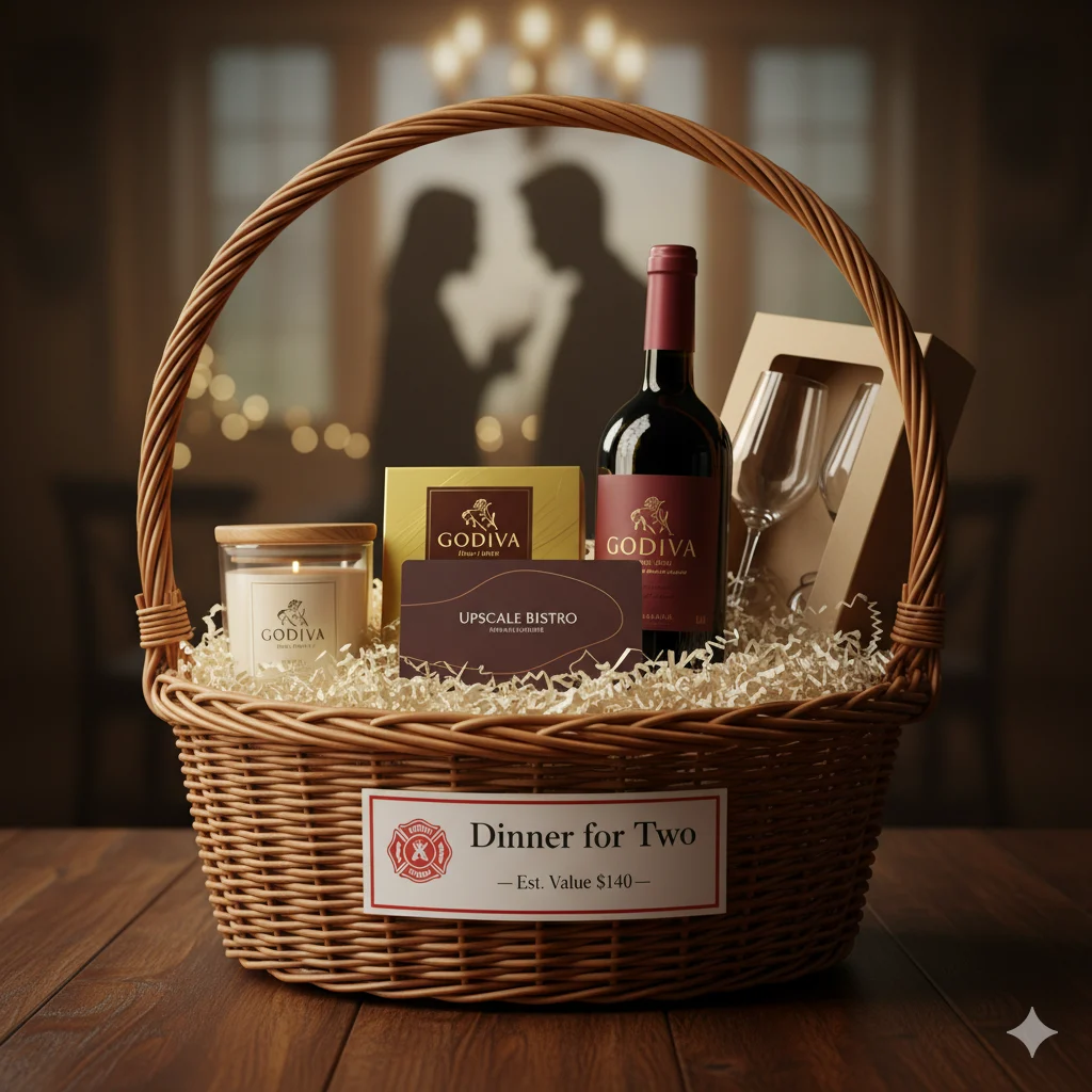 Dinner for Two fire department raffle basket with restaurant gift card, wine and chocolates