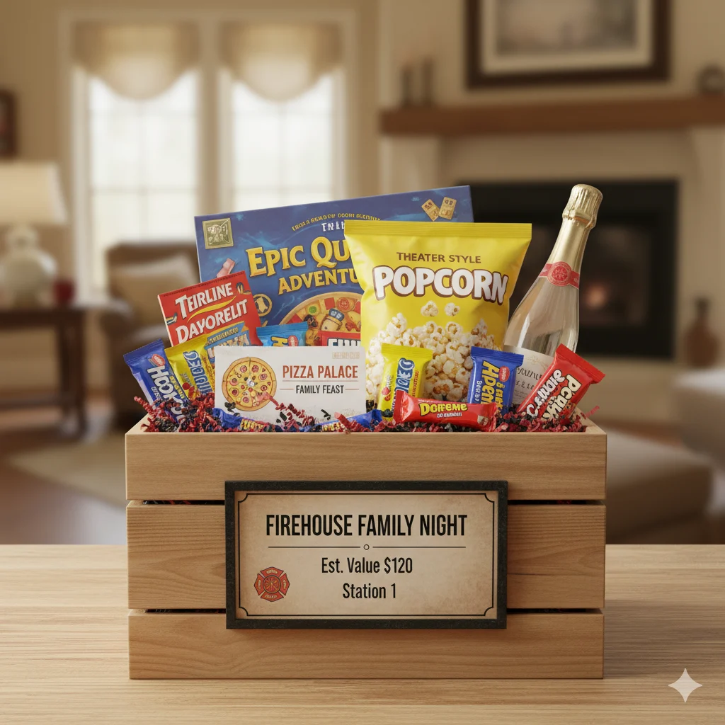 Firehouse Family Night fire department raffle basket with pizza gift card and board game