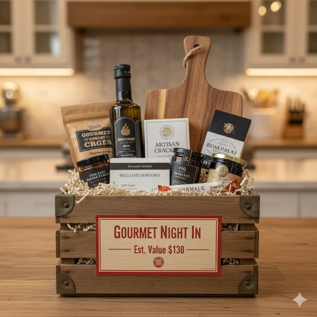 Gourmet Night In fire department raffle basket with specialty food gift card and charcuterie board