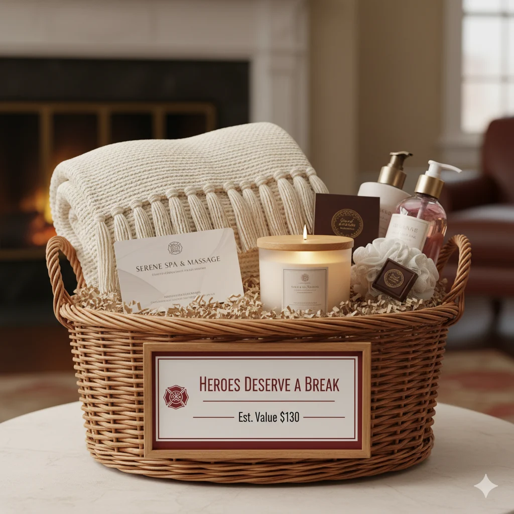 Heroes Deserve a Break fire department raffle basket with spa gift card, blanket and candle
