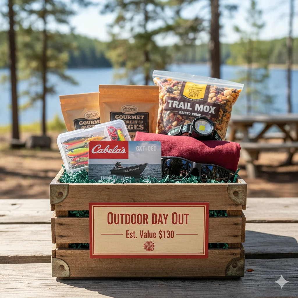 Outdoor Day Out fire department raffle basket with outdoor store gift card, sunglasses and jerky