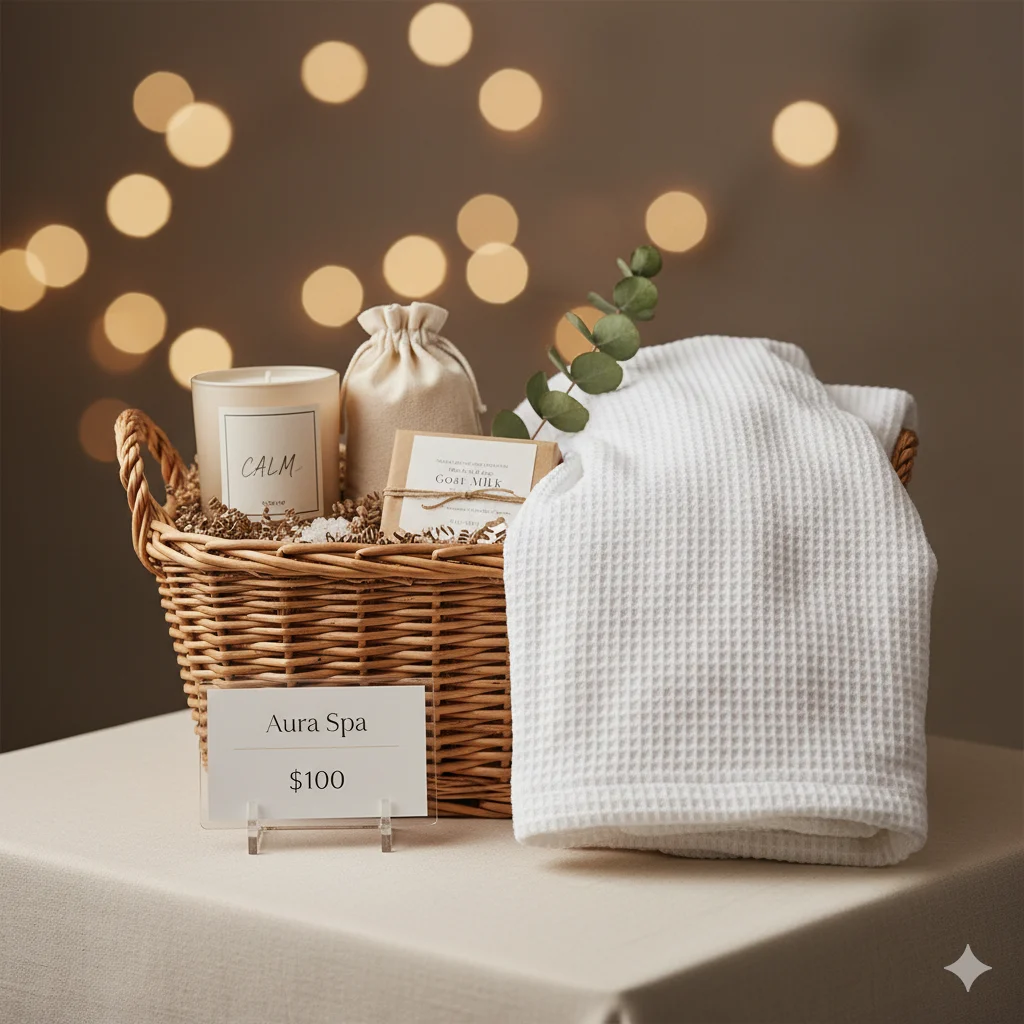 Spa Day for One — Aura Spa gift card, waffle robe, CALM candle, dead sea bath salts, goat milk soap