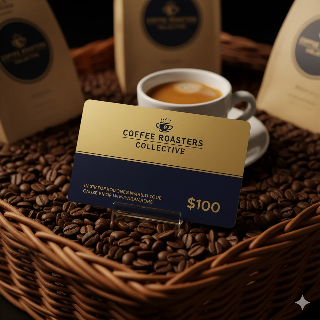 Coffee gift card close-up — Coffee Roasters Collective gold gift card valued at $100, ceramic espresso cup on saucer, coffee beans bed in wicker basket