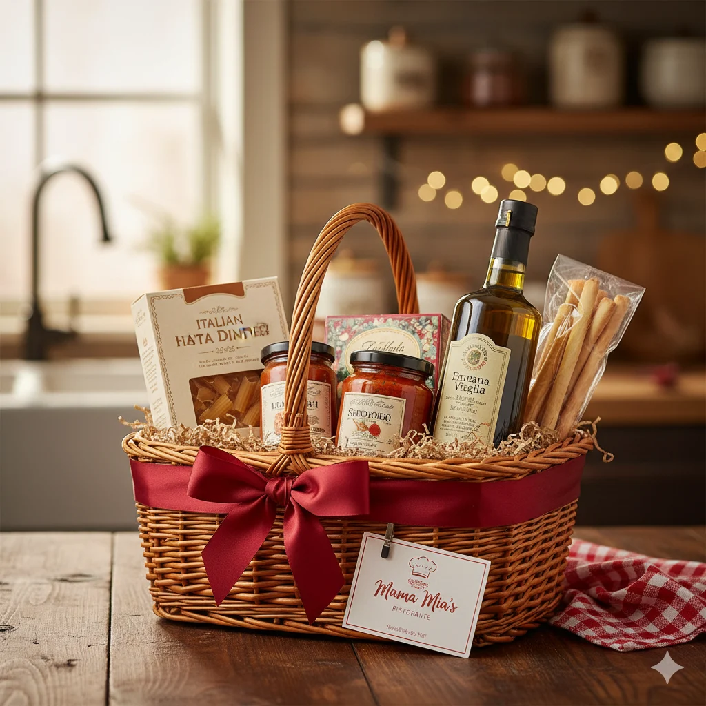Italian Dinner for Two raffle basket — artisan pasta, premium sauce, olive oil, restaurant gift card