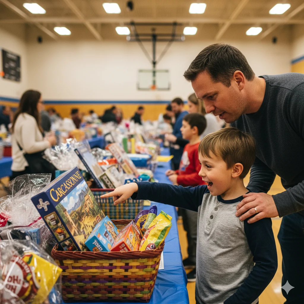 Child pointing excitedly at a family game night basket at a school raffle event