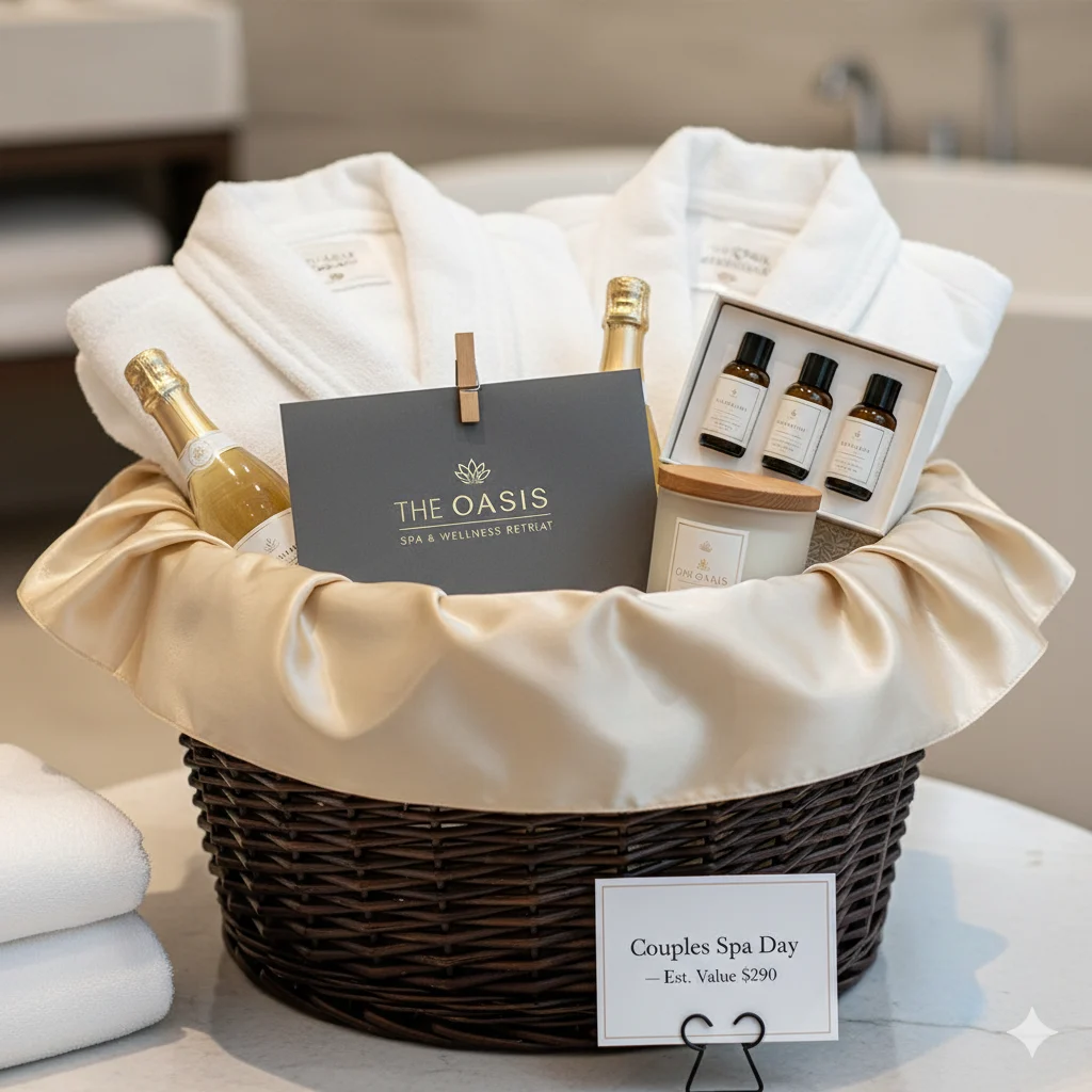 Luxury couples spa day raffle basket with massage gift certificate, robes and champagne