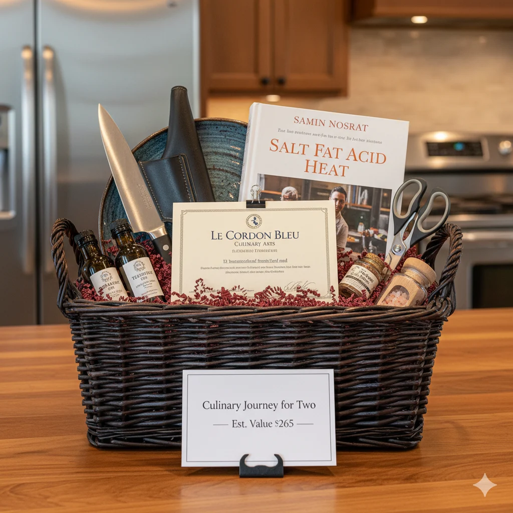 Luxury culinary journey raffle basket with cooking class certificate, premium cookbook and knife