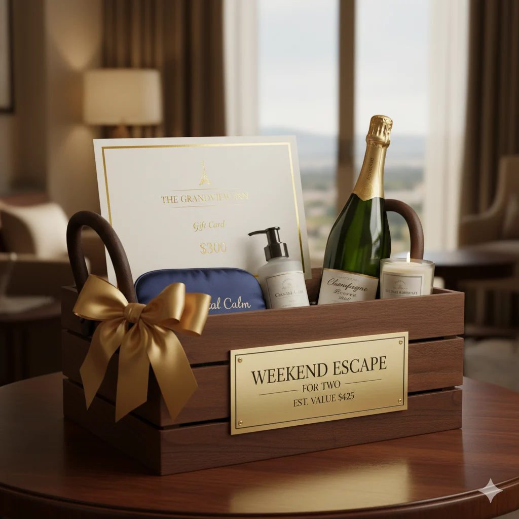 Luxury hotel stay gift basket with travel vouchers, spa items, and premium getaway experience
